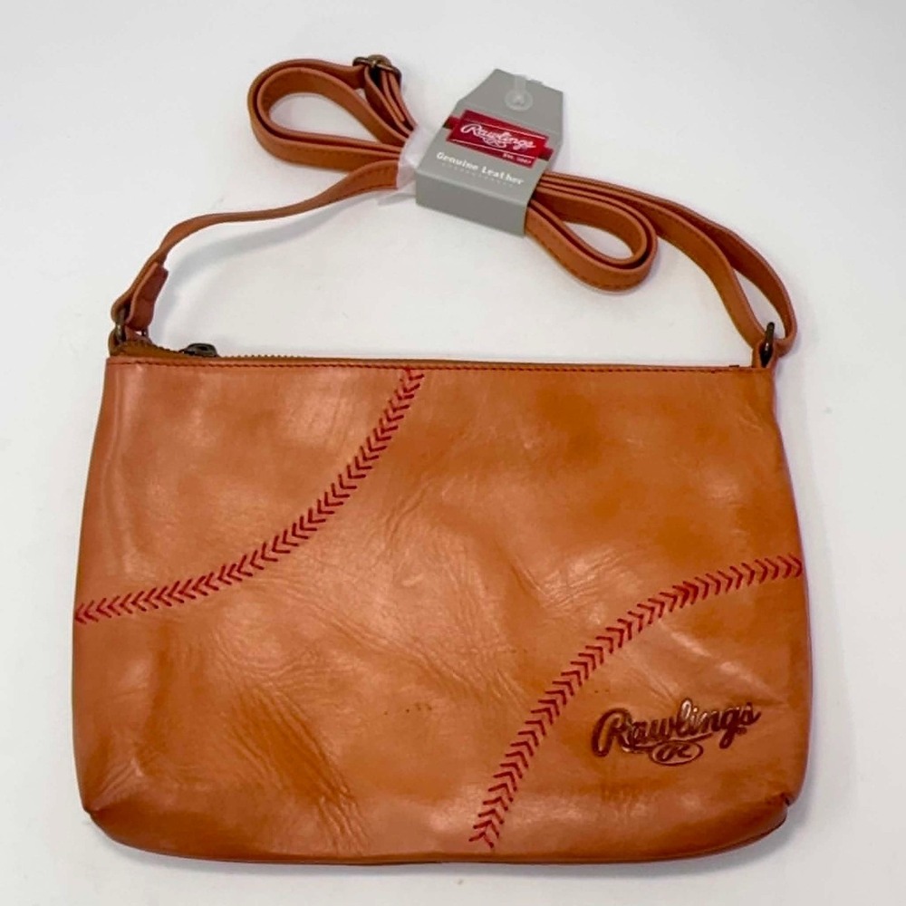 NEW Rawlings Genuine Leather Baseball Stitch Crossbody Purse Shoulder Bag Brown